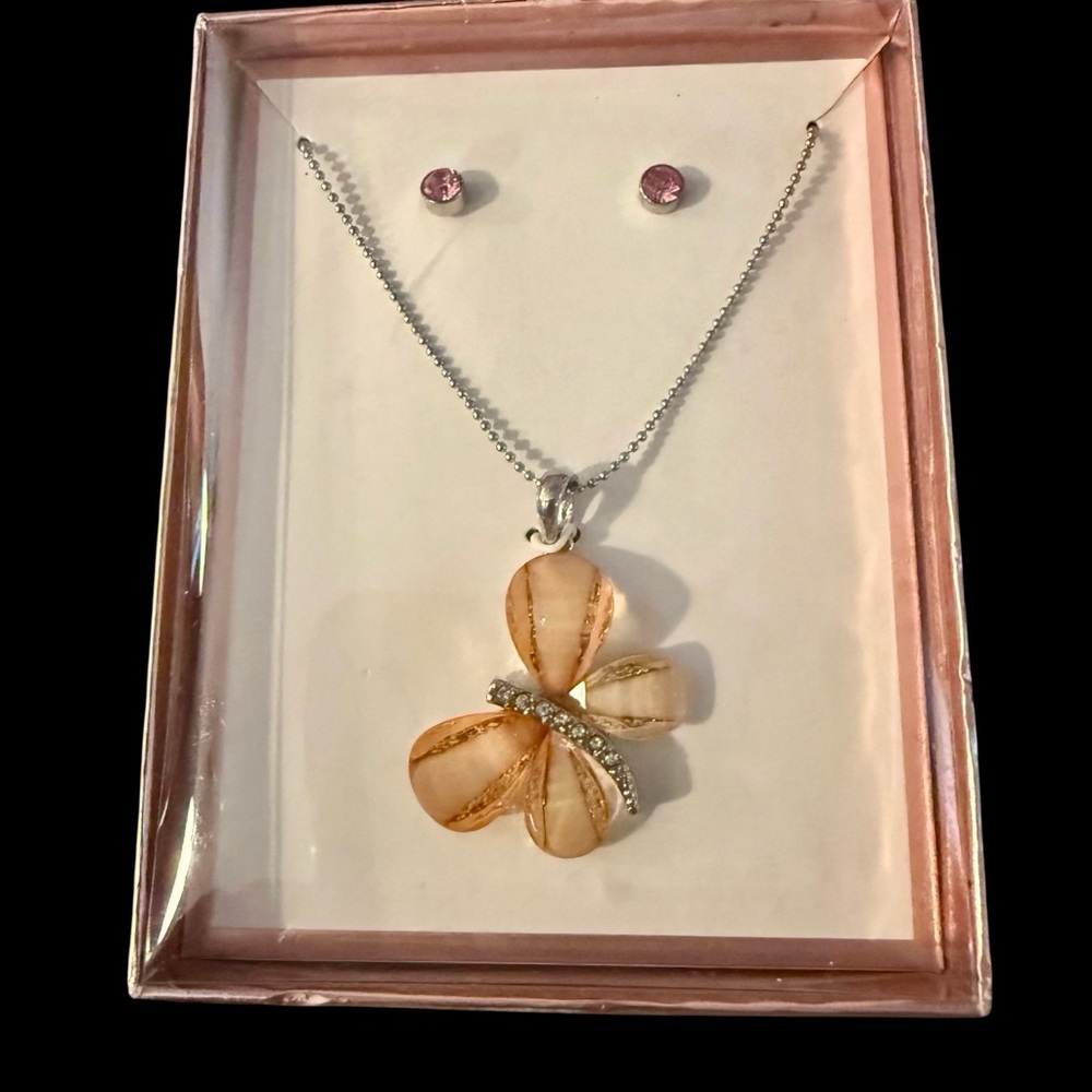 5 for $25!! Pink Clear Crystals and Silver Butterfly Necklace and Earring Set